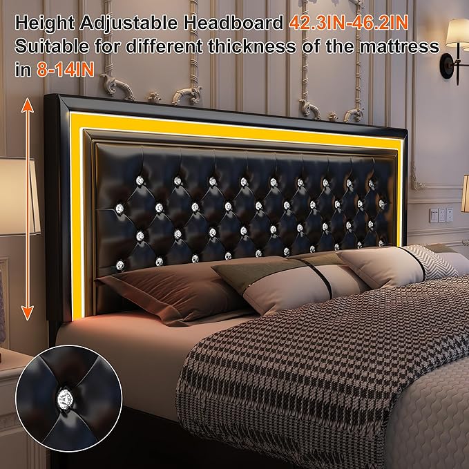 King Led Bed Frame with 4 Storage Drawers, Bed Frame with Led Lights No Box Spring Needed, 900 lbs Capacity, Easy Assembly, PU Black