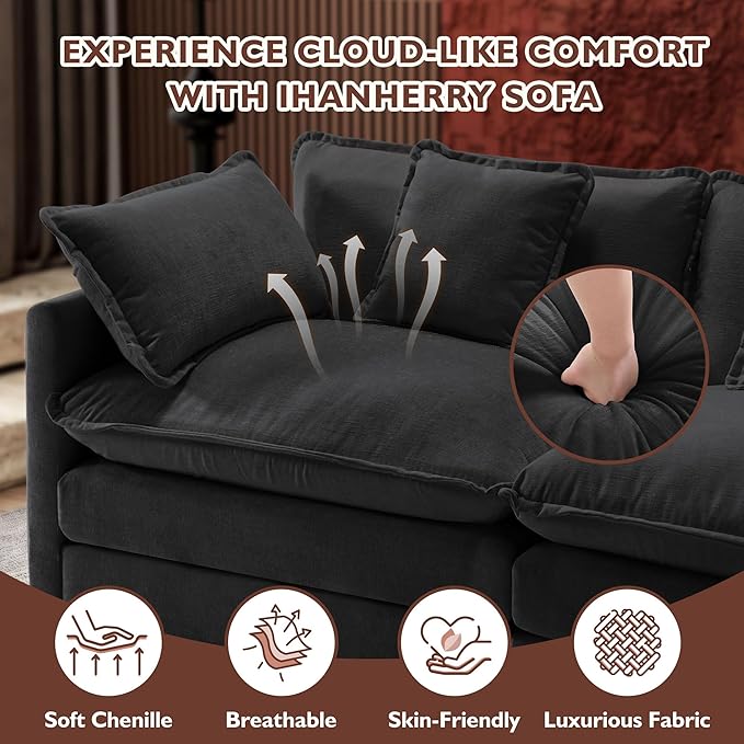 Ihanherry 111.4 Inch 3-Seater Cloud Sofa, Modular Sectional Couch, Modern Deep Seat Sofa for Living Room, Comfy Double Layer Upholstered Seat Cushion, Breathable Chenille Fabric, Black