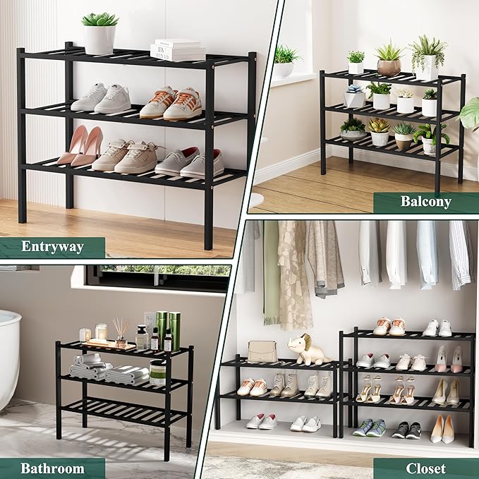 Smiry Shoe Rack, 3 Tier Long Bamboo Shoe Organizer, Stackable Free Standing Wooden Shoe Storage Shelf for Closet, Entryway, Front Door Entrance, Black