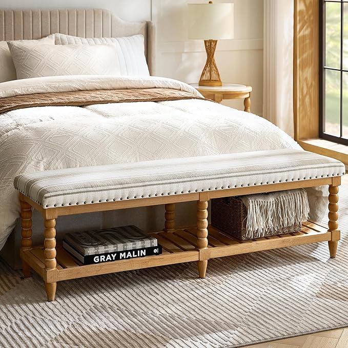 HULALA HOME Farmhouse Entryway Bench, 58" Fabric Bed Bench with Shelf, Solid Spindle Legs, Nailhead Trim Detail for Bedroom, Living Room, Hallway, TAN