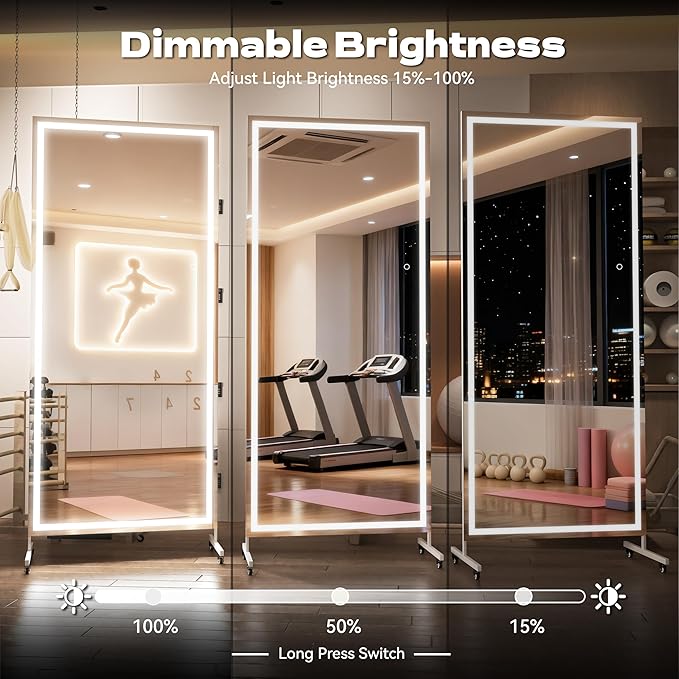 Hasipu Home Gym Mirror with Light 360° Swivel on Wheels, 65" x 22" Extra Large Full Length Rolling LED Mirror for Yoga Studio, Bedroom, Dancing Studio, White