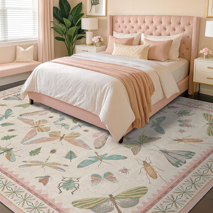 Cute Rugs for Bedroom Girls - Pink Living Room Rugs 8X10, Dining Room Table, Washable Pastel Flower Insect Print Whimsical Décor