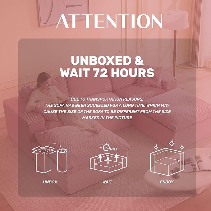 107" Boneless Couch with Deep Seat, Modular Sectional Sofa, Cloud Sectional Couch for Living Room, No Assembly Required, Corduroy, U-Shape 3 Seater Left, Pink