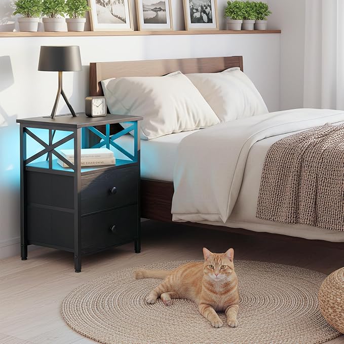 AMHANCIBLE Nightstand with Fast Charging Station, End Table Living Room with USB Charger 3-Port & 2-Power Outlet, Bedside Table with Fabric Drawers for Bedroom HET052LBK1