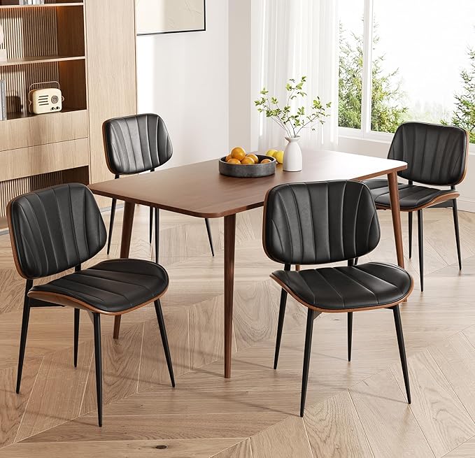 Dining Chairs Set of 2, Mid Century Modern Dining Room Chair, Upholstered Faux Leather Kitchen Chairs with Walnut Bentwood Back and Metal Legs for Kitchen Dining Room Living Room, Black