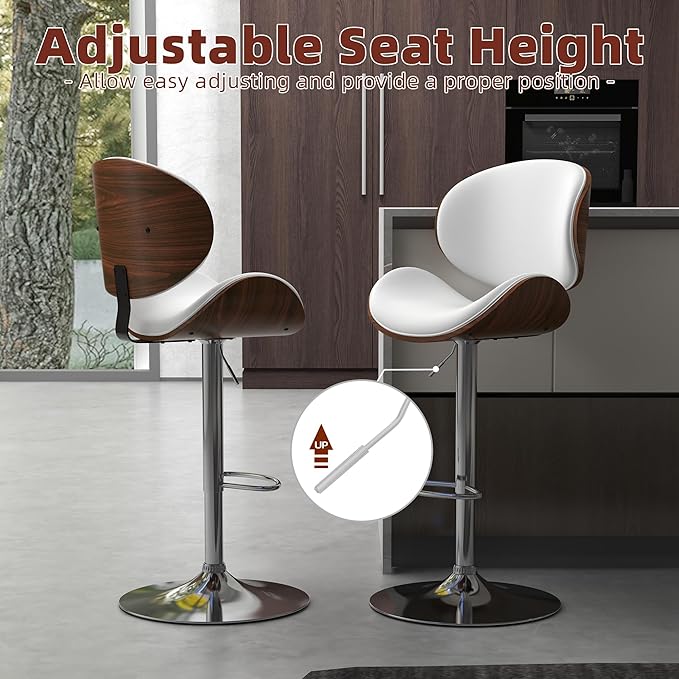 civama Bar Stools Set of 6 for Kitchen Counter, Adjustable Bar Height Chairs, Modern Swivel Barstools with Bentwood Seat and Back with Footrest for Kitchen Island, Dining Room, White PU Leather