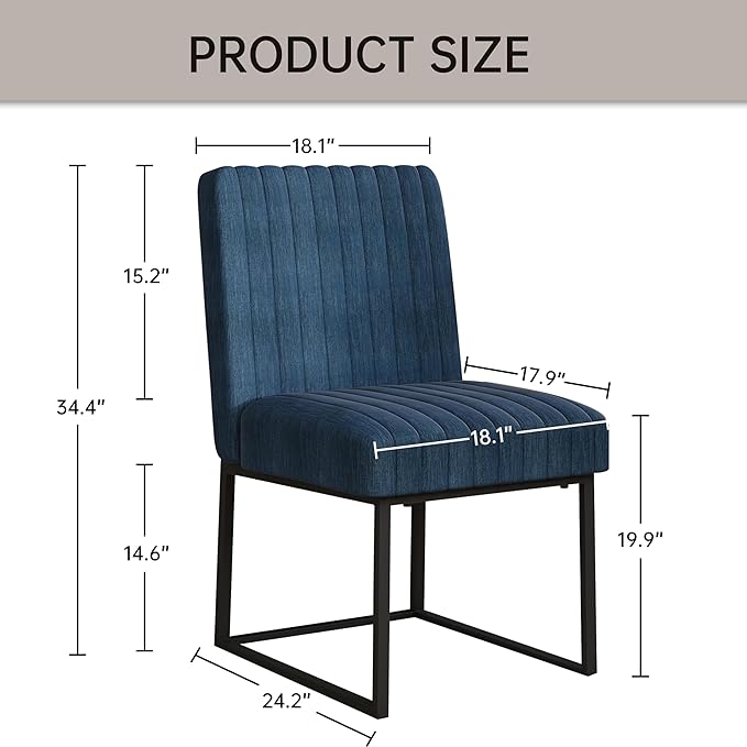 VKNOW Upholstered Dining Chairs Set of 6, Modern Dining Room Chairs with Stripe, Linen Kitchen Chair Dinner Chair with Black Metal Base for Kitchen Office, Blue