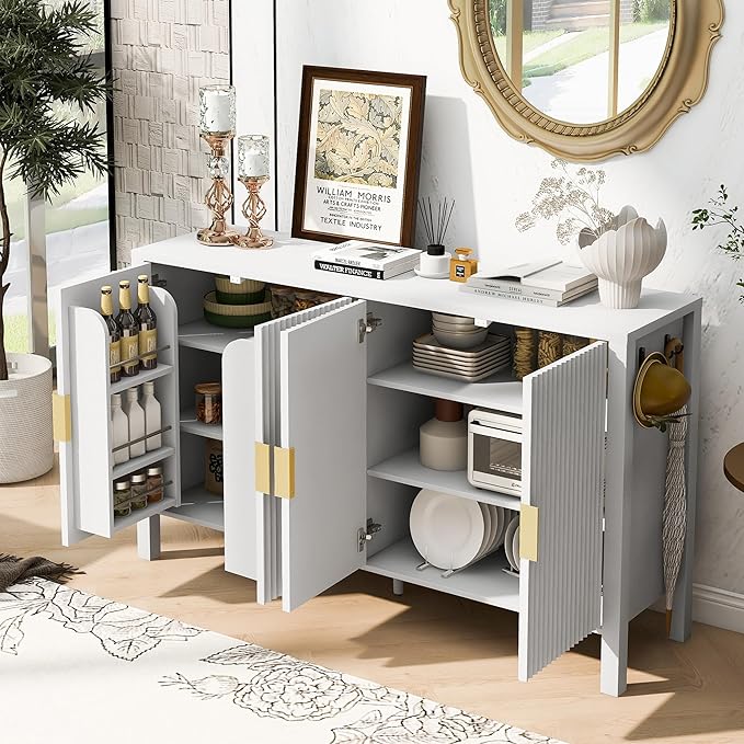 57.5'' Modern Console Table Sofa Table with Storage Racks & Side Hooks, Accent Stripe 4-Door Buffet Sideboard Serving Storage Cabinet with Adjustable Shelves for Living Room Kitchen (White-NEW)