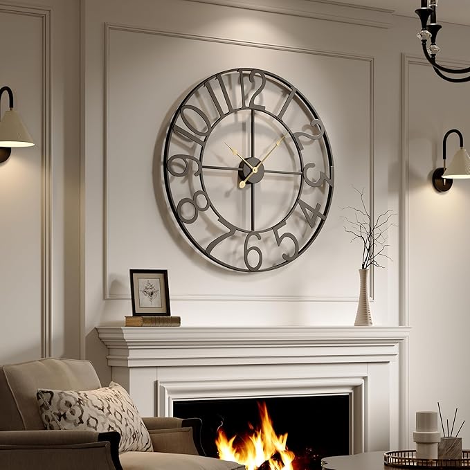 Cuspin Large Wall Clock for Living Room Decor, 30 Inch Decorative Wall Clocks Battery-Operated Silent Non Ticking Metal Modern Black Round Clock Arabic Numerals