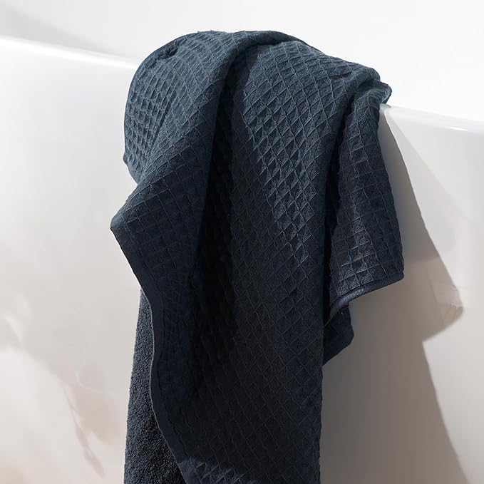 UCHINO Waffle Twist Cotton Weave Bath Towel for Bathroom Lightweight Absorbent Quick Dry Honeycomb Texture Solid Terry Loop Reverse 30" x 60", 1 Bath Towel, Ebony