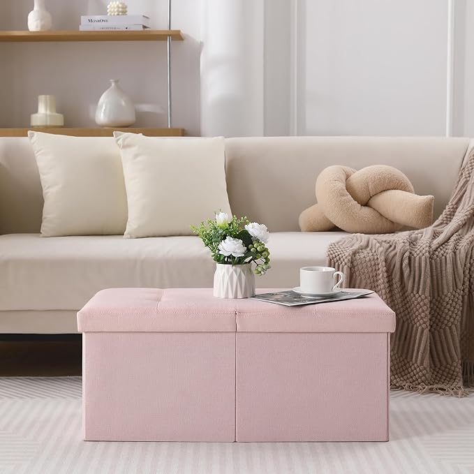 CUYOCA Storage Ottoman Bench Foldable Seat Footrest Shoe Bench End of Bed Storage with Flipping Lid, 75L Storage Space, 30 inches Linen Fabric Pink, OT026PK