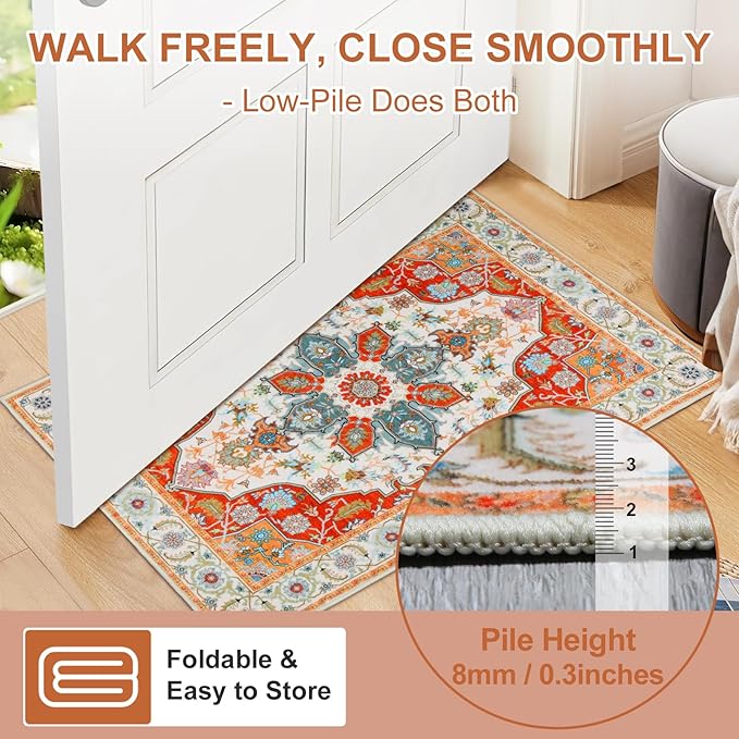 WILLSUN Washable Area Rugs, 3x5 Non-Slip Boho Large Area Rugs for Living Room, Bedroom, Machine Washable Vintage Rug, Indoor Floral Print Carpet for Home Decor, Kid & Pet Friendly Mat