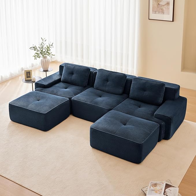 Blue Ottoman for Modular Sectional Sofa, Corduroy Deep Seat for Oversized Compressed Boneless Sectional Couches for Living Room Bedroom Apartment, Cloud Sofa Couch Set, Memory Foam, No Assembly