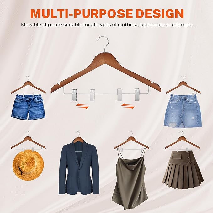 HOUSE DAY Wooden Hangers with Clips 12 Pack, Heavy Duty Walnut Wood Pants Hanger, Premium Skirt Hanger with Adjustable Clips, Solid Clip Hangers for Suit, Blouse, Dress, Coat, Jacket, Bottom