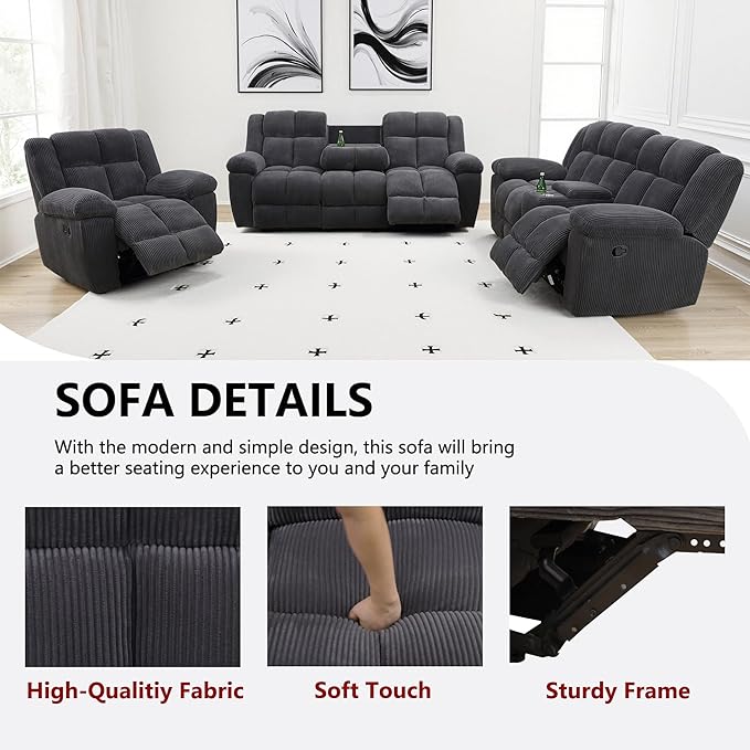 Manual Recliner Sofa Set,Fabric Reclining Couch Set,Modern Living Room Furniture Set,Reclining Sofa Couch Chair for Living Room Home Office (Dark Grey Upgraded Version, Sofa+Loveseat)