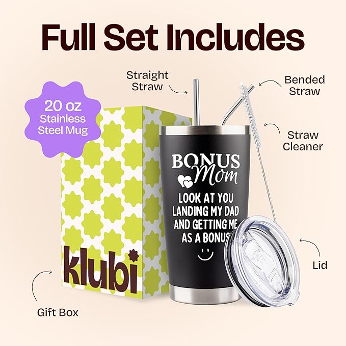 KLUBI Bonus Mom Gifts for Stepmom from Son Daughter - Look At You Landing My Dad and Getting Me As a Bonus - God Mother, Mother in Law Birthday Gift Mug 20 Ounce Insulated Black Tumbler for Her