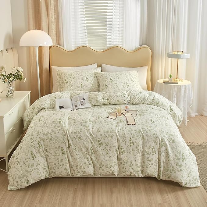Vintage Boho Floral Duvet Cover Full Size White Green Floral Print Bedding Set Cotton Botanical Floral Comforter Cover Garden Flowers Aesthetic Bedding Cover Boho Style Duvet Cover with Zipper Ties