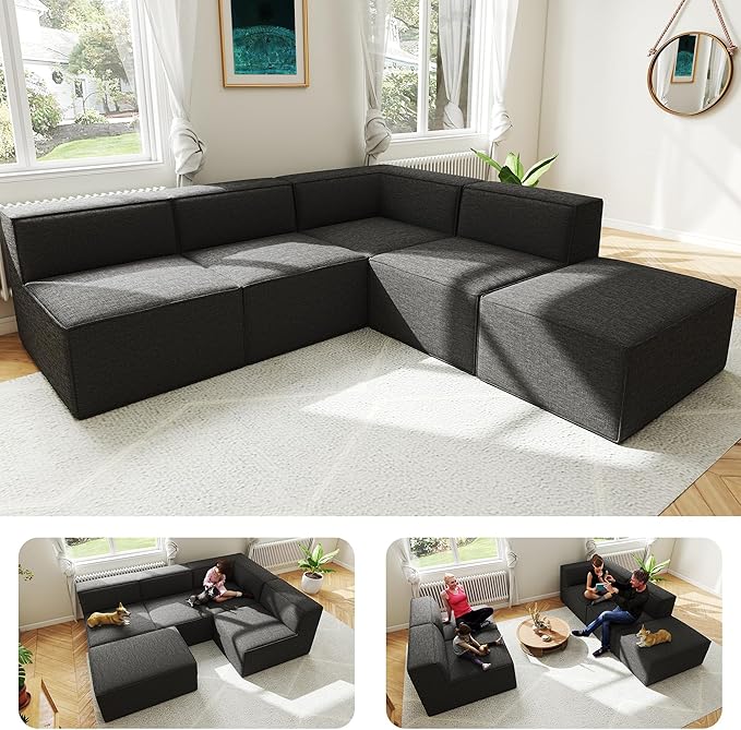 97"+57" 5-Piece Modular Sectional Sofa Convertible Cube Thick Couch 2 3 4 Seat Set, L-Shape, No Assembly for Living Room (3xArmless+1xCorner+1xOttoman) Fabric Chenille Grey