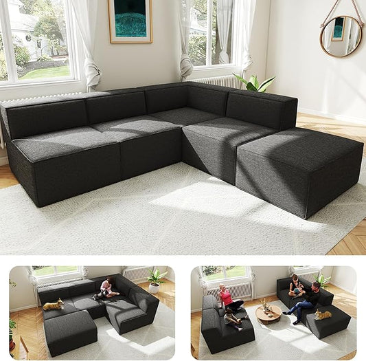 97"+57" 5-Piece Modular Sectional Sofa Convertible Cube Thick Couch 2 3 4 Seat Set, L-Shape, No Assembly for Living Room (3xArmless+1xCorner+1xOttoman) Fabric Chenille Grey