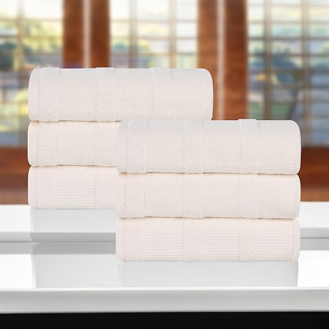 Superior Roma Cotton Hand Towels, Set of 6, Highly Absorbent, Ribbed Design, Quick-Dry, Shower, Spa, Kitchen Basics, Bathroom Essentials, Medium Weight Towels, Solid, 6 Pack, Ivory