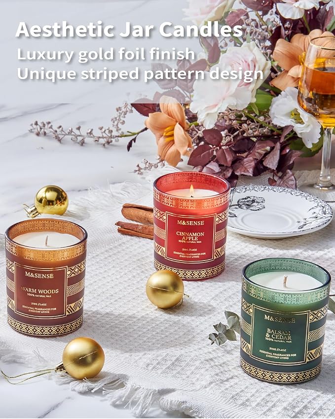 M&SENSE Christmas Candles - Warm Wood Scented Candle for Home, 7.4 Oz, 45 Hour Burn Time, Fall Winter for Men & Women, Xmas Thanksgiving Gift