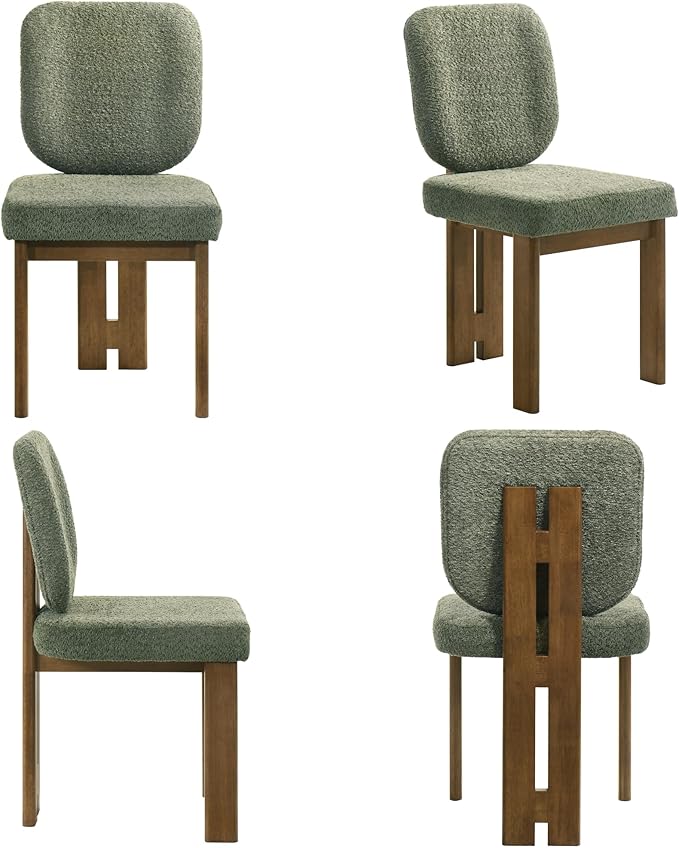 Modern Dining Chairs Set of 2, Farmhouse Chenille Upholstered Wooden Kitchen Chairs with Back, Side Armless Dining Room Chairs with Walnut Wood Legs for Kitchen Restaurant, Green