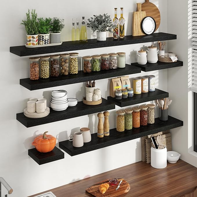 72 Inch Floating Shelves for Wall, 8 Inch Deep Floating Shelf for Storage & Display, Rustic Wall Mounted Shelf with Invisible Brackets for Living Room, Kitchen, Bathroom, Home Decor, Set of 2, Black