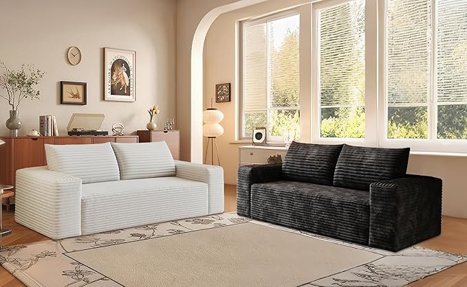 Saiveina 63" Corduroy Loveseat Sofa, Deep Seat Comfy Couch with Backrest and Armrests, No Assembly Required, 2 Seater Couch for Living Room Bedroom Apartment, Black