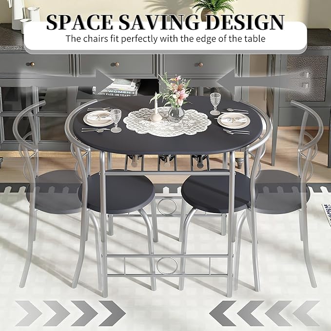 VECELO 3-Piece Dining Table Set for Kitchen Breakfast Nook, Wood Grain Oval Tabletop and Metal Frame with Built-in Wine Rack, for Small Spaces, Black & Silver