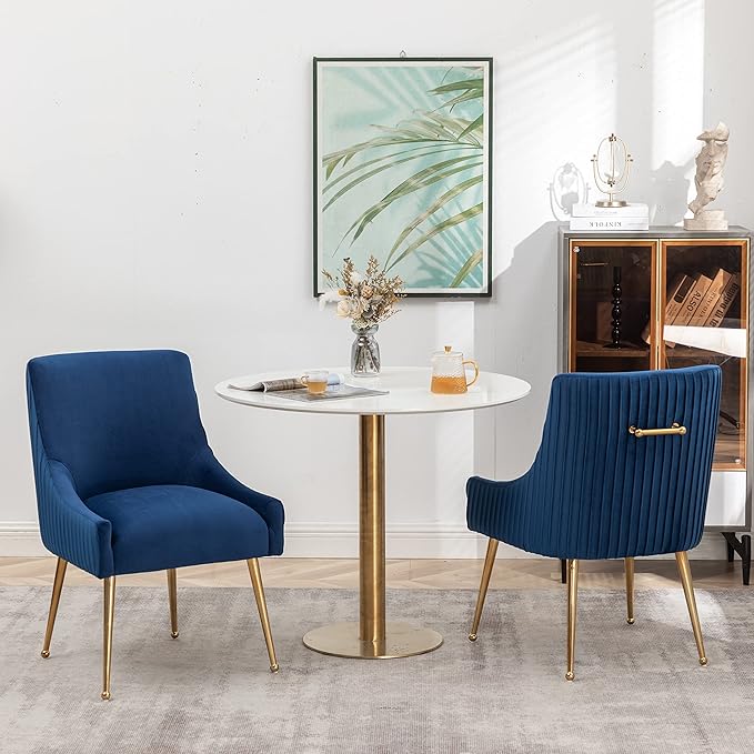 Dining Chairs, Accent Chairs Set of 2, Modern Upholstered Kitchen Dining Chairs with Gold Legs, Fabric Tufted Velvet Living Room Chairs for Reception Room Bedroom Kitchen(Navy Blue)
