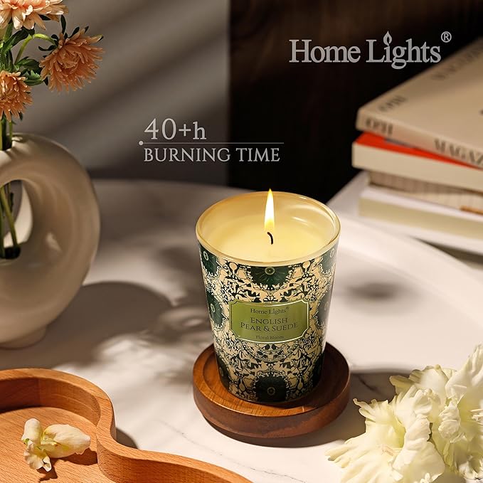 HomeLights Soy Wax Candles for Home Scented, 1-Wick Candles in English Pear & Suede Scented, Aromatherapy Candles Gift for Parties, Relaxing, Bohemian Natural Textures, 6.7oz