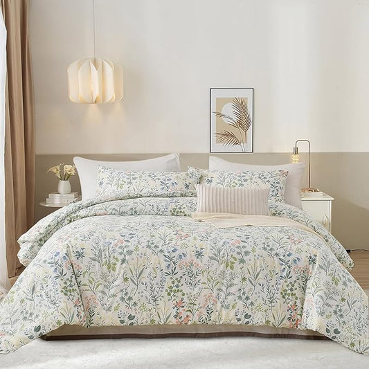 EAVD Vintage Garden Botanical Floral Comforter Set King Soft Microfiber Chic Cute Flowers Leaves Print Bedding Set 1 King Comforter and 2 Pillowcases Fresh Botanical Comforter Set for All-Season