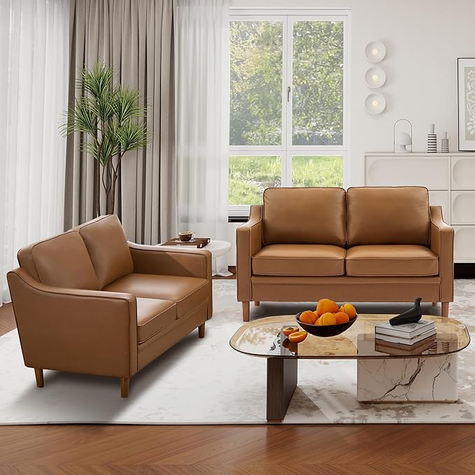 Kingfun 56" Faux Leather Sofa, Loveseat Couch, Mid Century Modern Love Seat Couches with Solid Wood Frame for Living Room & Bedroom, Brown