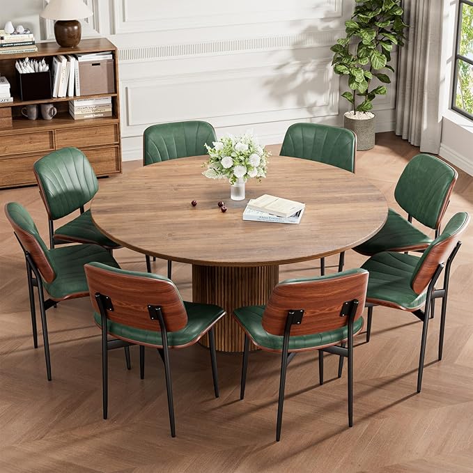 Dining Chairs Set of 8, Mid-Century Modern Upholstered PU Leather Chairs with Walnut Bentwood Back and Metal Legs Adjustable Feet for Kitchen Dining Room, Dark Green Shell Strips