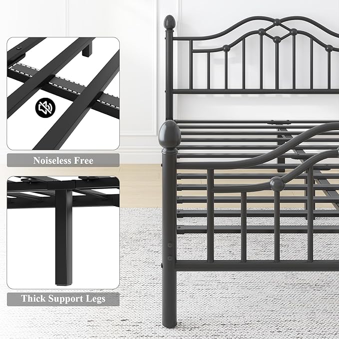 Full Metal Platform Bed Frame, Bed Frame with Victorian Headboard and Footboard, Strong Metal Slats Support, Mattress Foundation No Box Spring Needed, Easy Assembly, Noise Free, Black