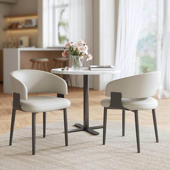 Modern Dining Chairs Set of 4, Faux Leather Upholstered Kitchen Chairs with Curved Back and Metal Legs, Mid Century Chairs for Dining Room, Kitchen, or Café (Light Gray)
