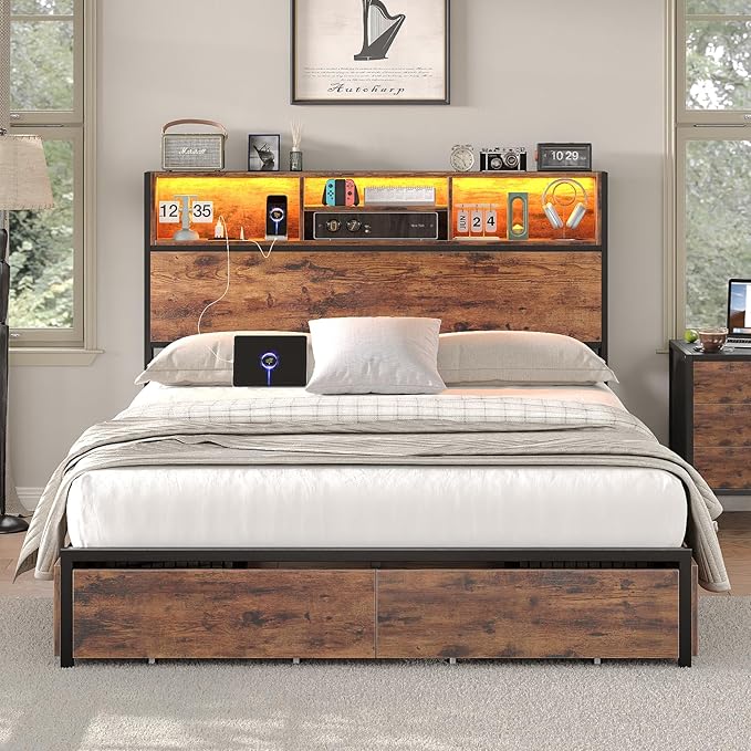 Queen Bed Frame with LED Headboard & Charging Ports, Rustic Wood Platform Bed Frame Queen Size with 6 Storage Drawers and Display Shelf, Heavy-Duty Metal Frame, No Box Spring Needed, Brown