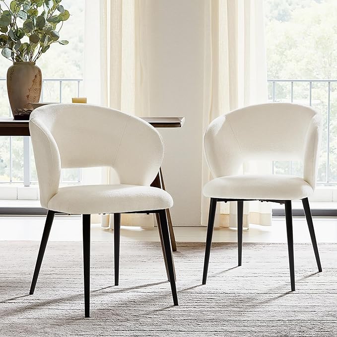 Contemporary Dining Chairs with Armrests – Ergonomic Soft-Padded Seat, Curved Backrest, Matte Black Metal Legs, Comfortable Kitchen & Dining Room Chairs, Set of 2
