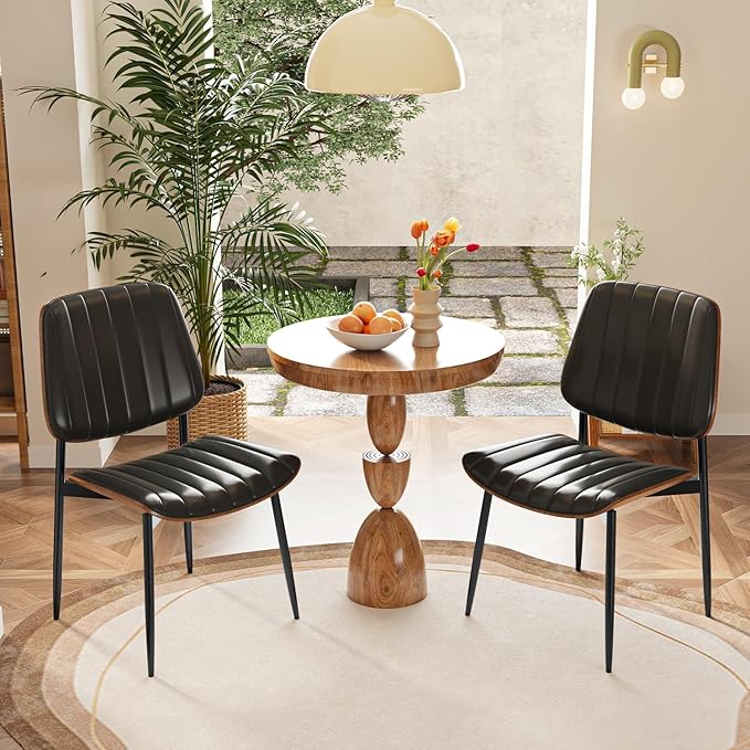 Modern Green Leather Dining Chair Set of 2, Bentwood Backrest & Black Metal Frame Ergonomic Comfort, Sustainable Style, Multi-Space Versatile, Black