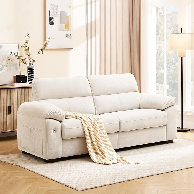 Ihanherry 72" Modern Sofa for Living Room, Deep Seat Chenille Loveseat with Fast Charging Port & Removable Washable Cushions, Pillow-Armrest Couch for Small Space/Apartment, Sturdy Frame, Beige