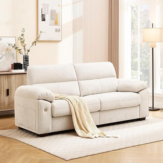 Ihanherry 72" Modern Sofa for Living Room, Deep Seat Chenille Loveseat with Fast Charging Port & Removable Washable Cushions, Pillow-Armrest Couch for Small Space/Apartment, Sturdy Frame, Beige