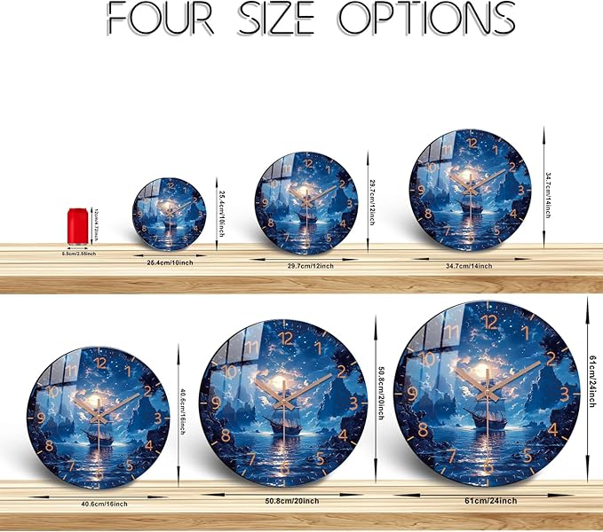 Oversized Coast Wall-Clock 24 inch Blue Beach Silent Clocks Battery Operated Wooden Round Wall Clock for Office, Living Room Wall Decor
