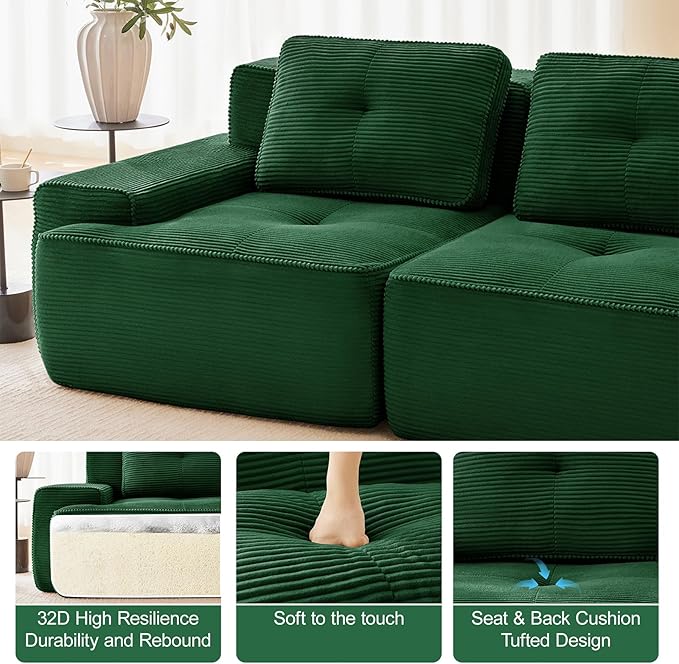 115" Modern Corduroy Cloud Sofa with Ottoman, L Shaped Boneless Modular Large Sectional Couches for Living Room, Green 3 Seater Compressed Memory Foam Couch, Extra Deep Seat, No Assembly