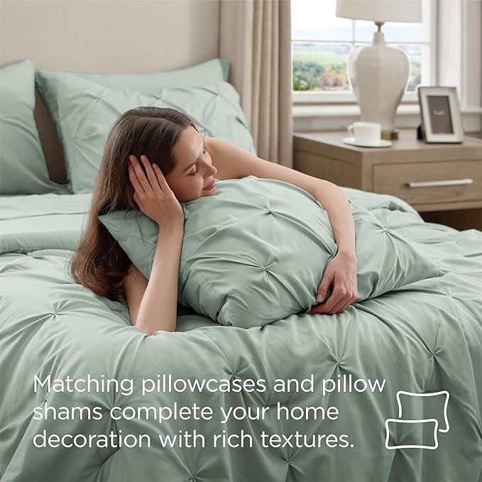 Bedsure Oversized Queen Comforter Set Sage Green - Bed in a Bag Bedding Set 7 Pieces, GentleSoft™ Pintuck Bed Set Gift for Family, Pinch Pleat All Season Comforter with Sheets, Pillowcases & Shams