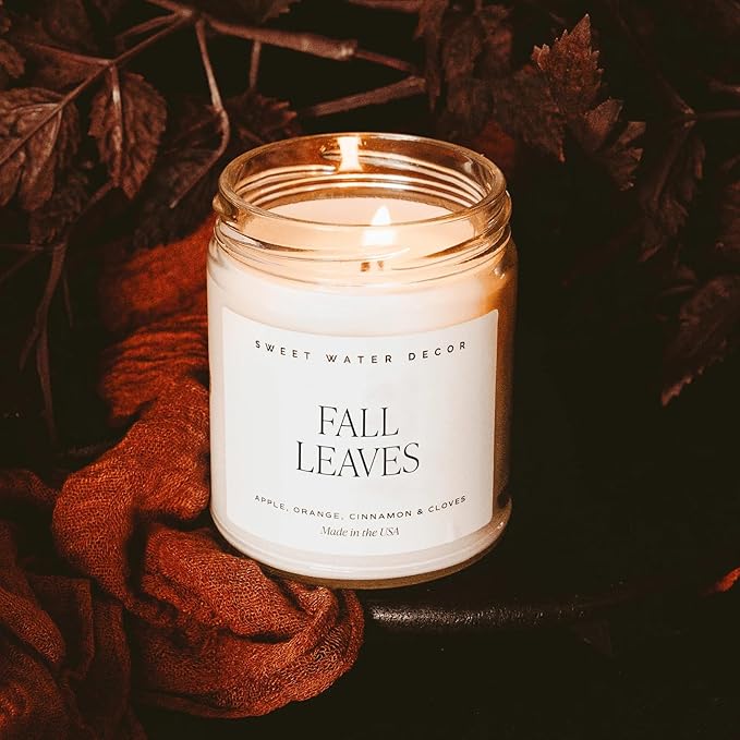Sweet Water Decor Fall Candle - Calming Candles for Home Scented Soy Wax - Hand Poured Apple, Orange & Cinnamon Scented Candle Decor - Clear Jar Candle 40 Hours Long Lasting Burn for Relaxation - 9oz