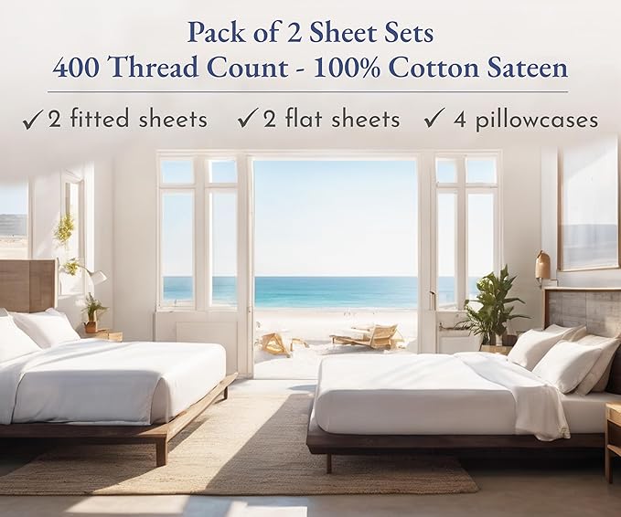 California Design Den 2-Pack Queen Bedsheet Sets - 400 Thread Count 100% Cotton Sateen - Extra Soft, Breathable & Cooling Sheets, Wrinkle Resistant, 2 Sets of Deep Pocket Bed Sheets - Bright White