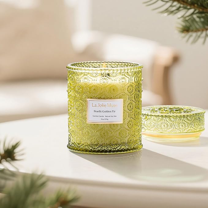 LA JOLIE MUSE Christmas Candle | Starlit Golden Fir | Pine, Cedarwood & Fir Balsam | 19 oz Large Wooden Wick Soy Candle | 90 Hours Clean Burn | Gift-Ready for Christmas & Winter Gatherings