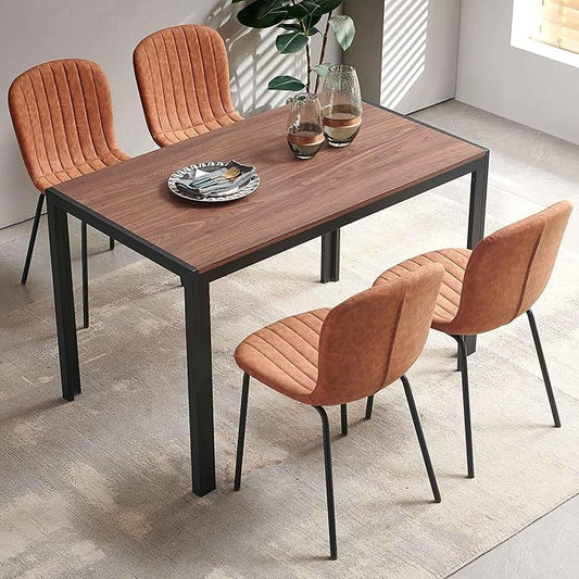 Vintage Dining Table Set for 4, 47" Solid MDF Table Faux Wood Industrial Style Kitchen Table Set with 4 Brown Leather Dining Chairs for Breakfast Nook, Dinette