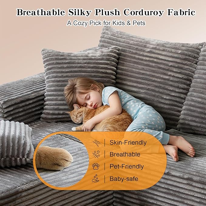 106'' Boneless Couches for Living Room, L Shaped Modular Sectional Sofa with Chaise Lounge, Faux Rabbit Fur & Layered Cushion Deep Seat Cloud Couch, No Assembly (Light Coffee, Right Facing Chaise)