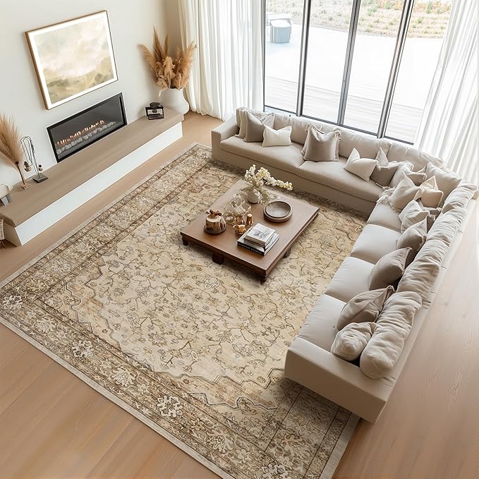 10x14 Area Rugs for Large Living Room Washable Soft Boho Vintage Floral Stain Resistant Indoor Floor Carpet Rug Low Pile Accent Rugs for Bedroom Family Room Nursery Dorm Office Dining Room,Beige
